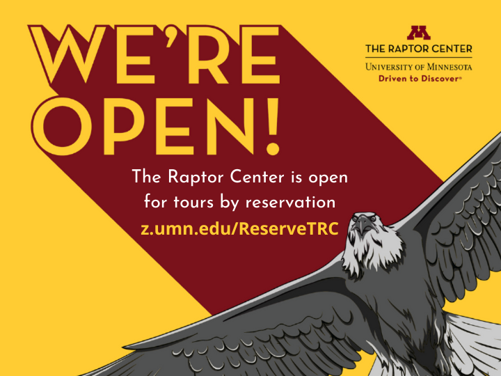 Cartoon eagle with text reading, "we're open! The Raptor Center is open for tours by reservation. z.umn.edu/ReserveTRC"