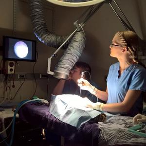 P4W Research Assistant Dr. Annette Ahlmann demonstrates a scope on a patient.