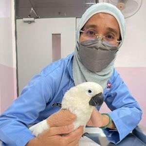 Jalil Abu poses with a white parrot in a clinic setting